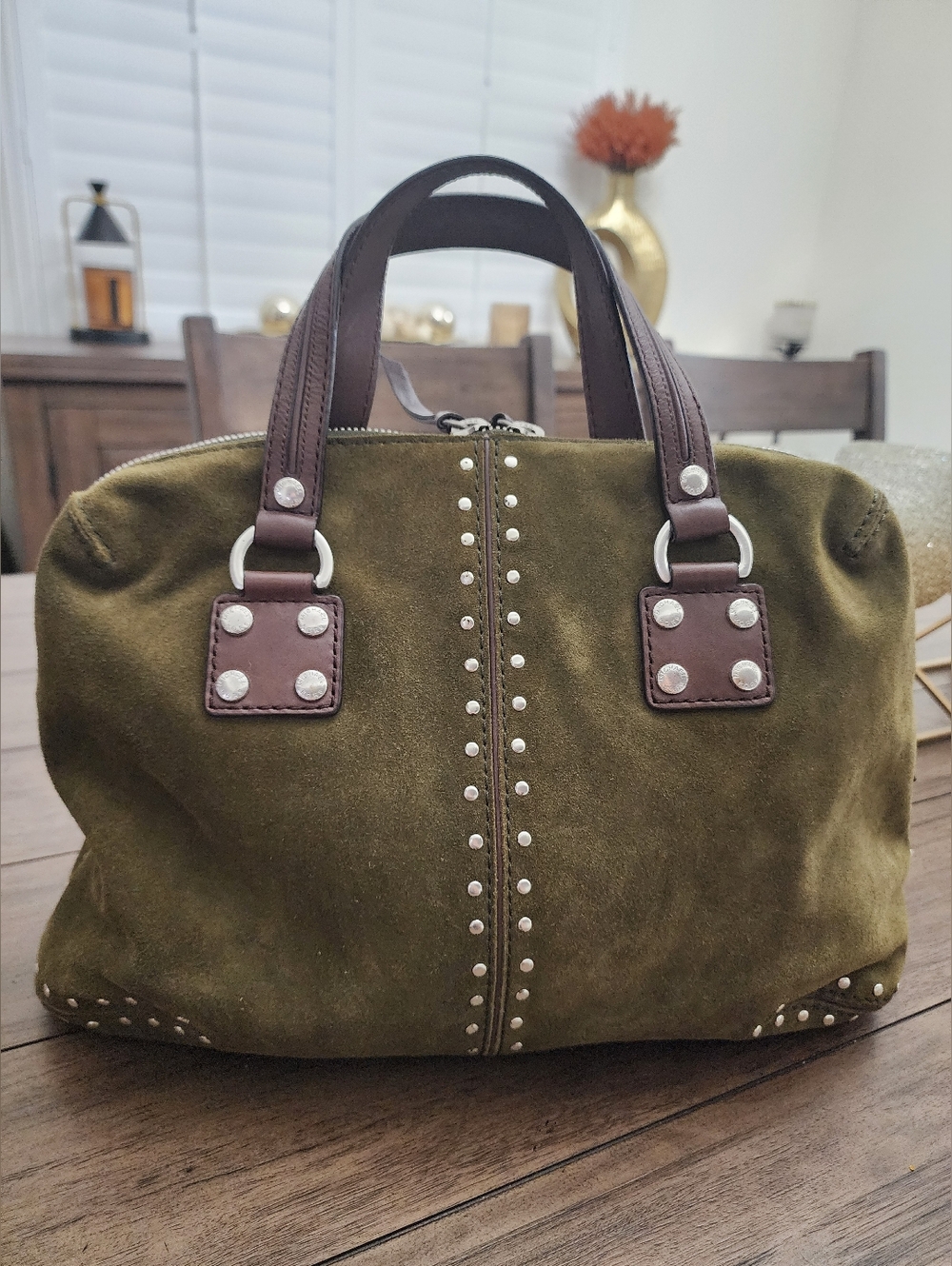 Michael Kors Olive Green Suede Silver Studded Handbag Astor Collection - Picture 3 of 13